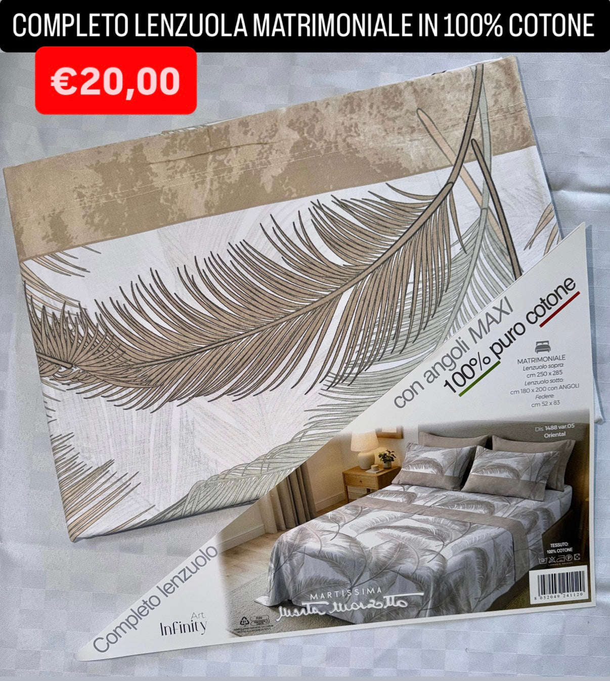 COMPLETO LENZUOLA MATRIMONIALE IN 100% COTONE , contiene Lenzuolo sopra, Lenzuolo sotto con angoli e due Federe