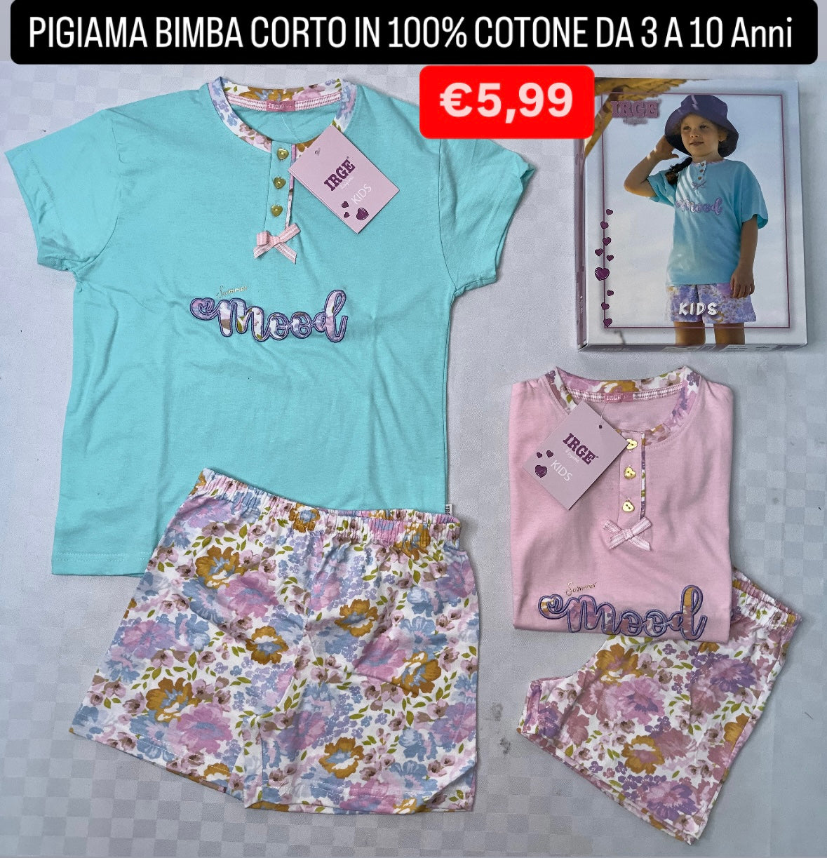 PIGIAMA BIMBA IN 100% COTONE MEZZA MANICA E PANTALONCINO Irge
