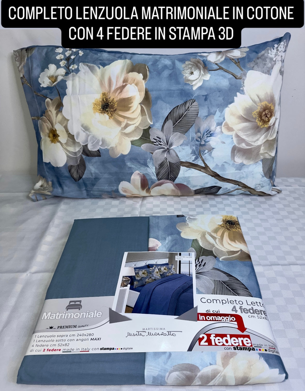 COMPLETO LENZUOLA MATRIMONIALE IN COTONE, LENZUOLO SOPRA, LENZUOLO SOTTO E 4 FEDERE IN STAMPA 3D