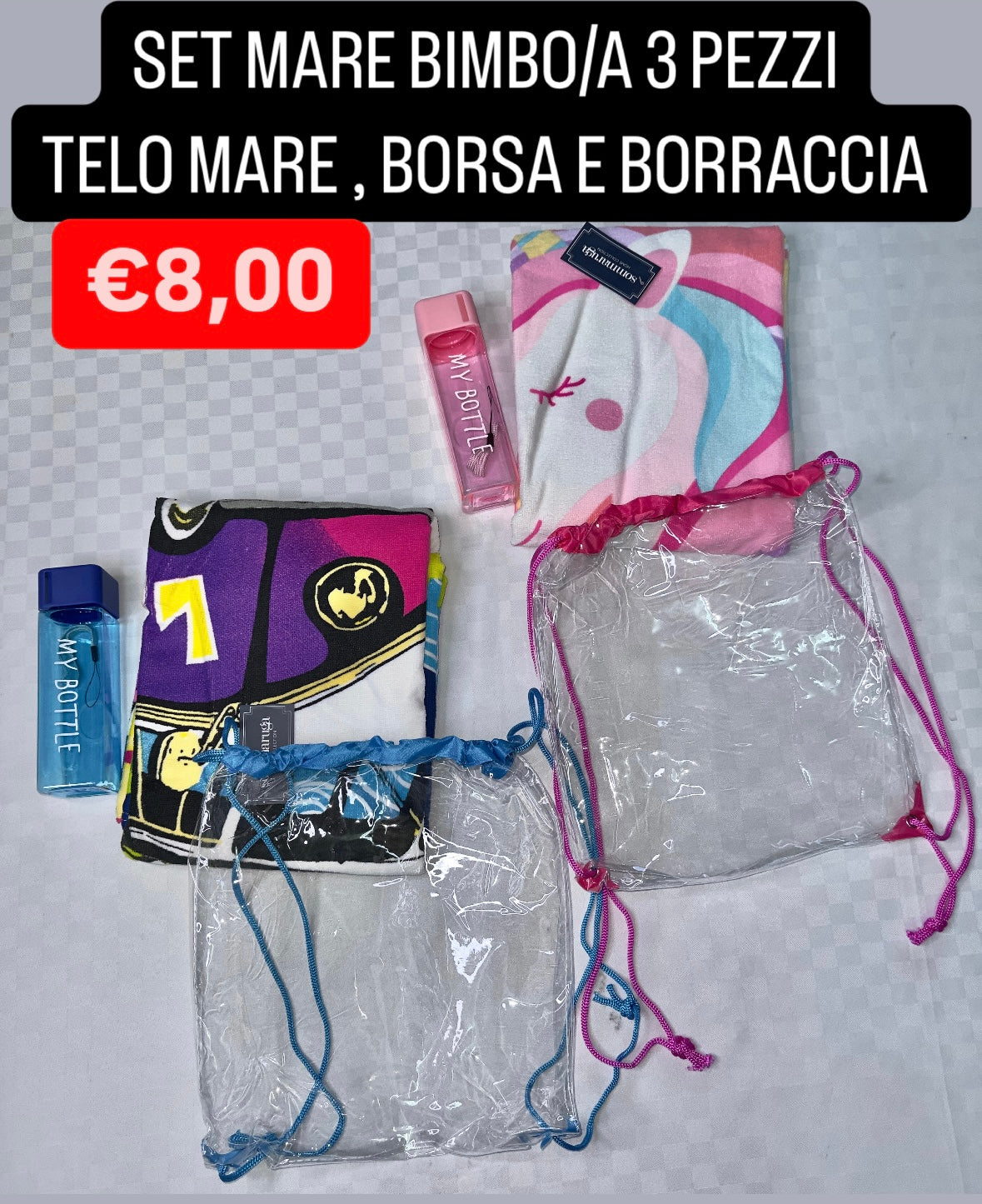 SET MARE BIMBO/A 3 PEZZI TELO MARE IN SPUGNA, BORSA E BORRACCIA
