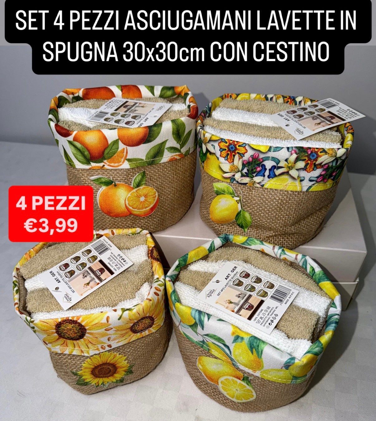 SET 4 PEZZI DI LAVETTE BAGNO 30x30cm CON CESTINO