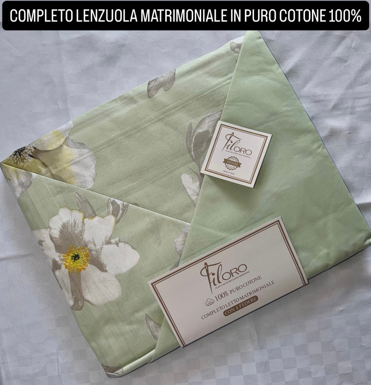 COMPLETO LENZUOLA MATRIMONIALE IN 100% PURO COTONE CON 4 FEDERE , contiene Lenzuolo sopra, Lenzuolo sotto con angoli e quattro Federe