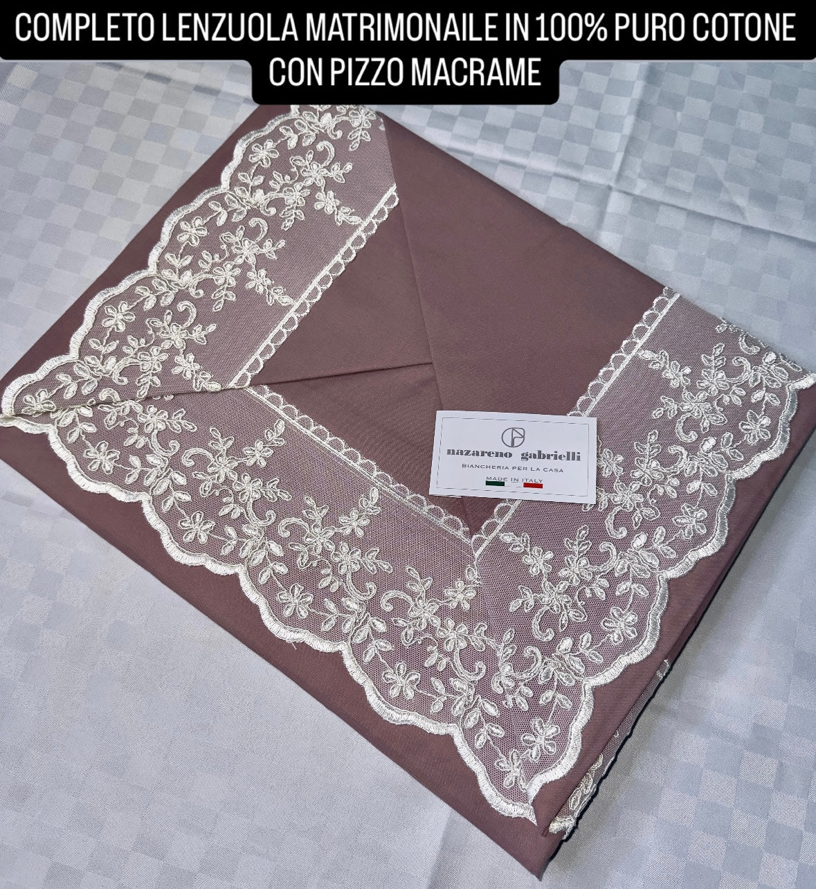 COMPLETO LENZUOLA MATRIMONIALE IN 100% PURO COTONE CON PIZZO MACRAME (Lenzuolo sopra,Lenzuolo sotto con angoli e due federe)
