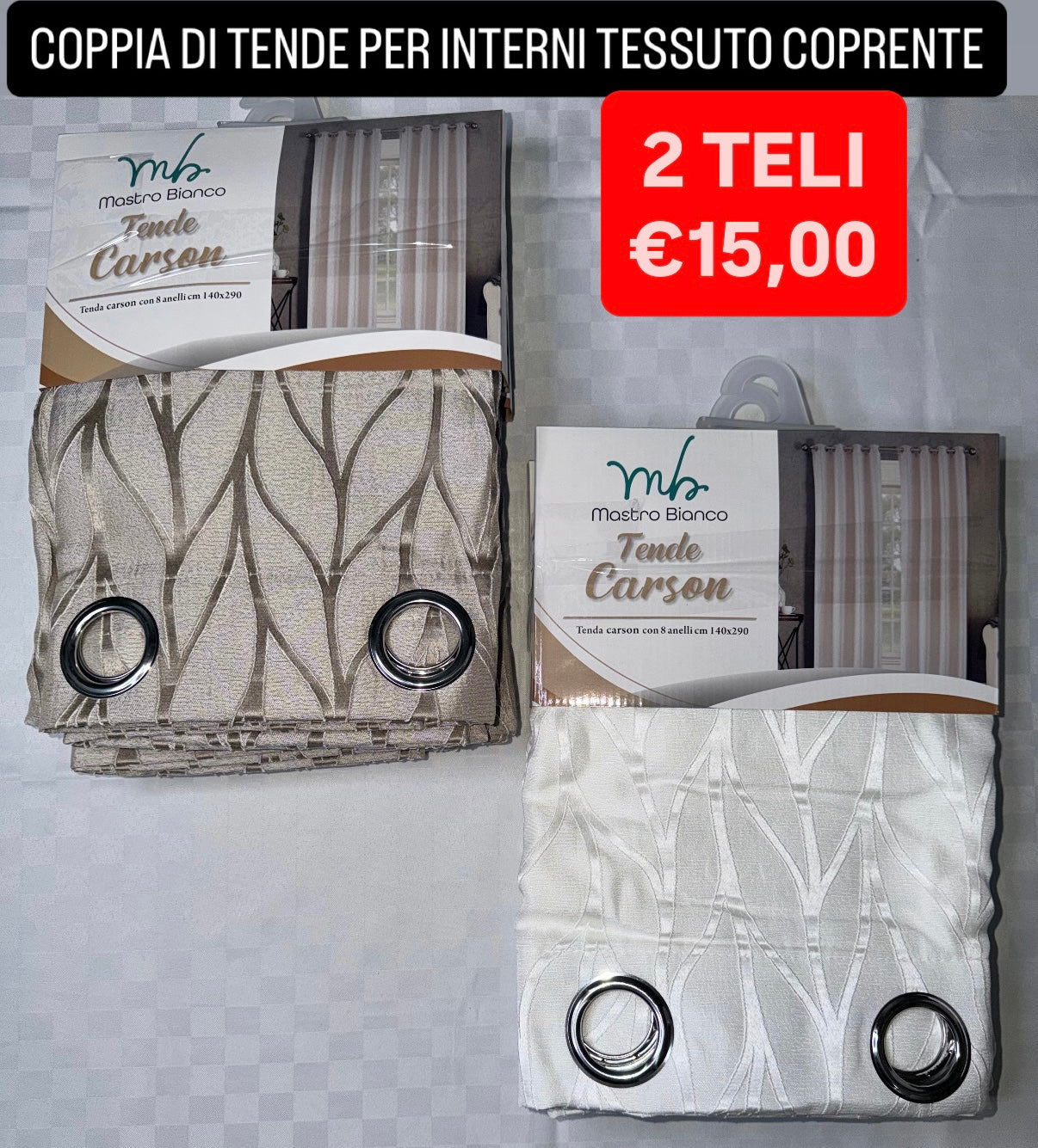 COPPIA DI TENDE PER INTERNI TESSUTO COPRENTE CONFEZIONE DA 2 TELI (OGNI TELO MISURA 140x290cm)art. Carson