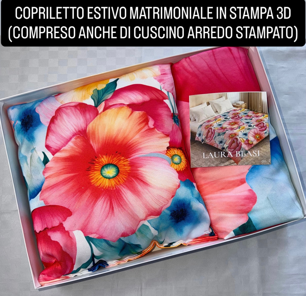 COPRILETTO ESTIVO MATRIMONIALE IN STAMPA 3D compreso anche di cuscino arredo stampato Misura 260x270cm