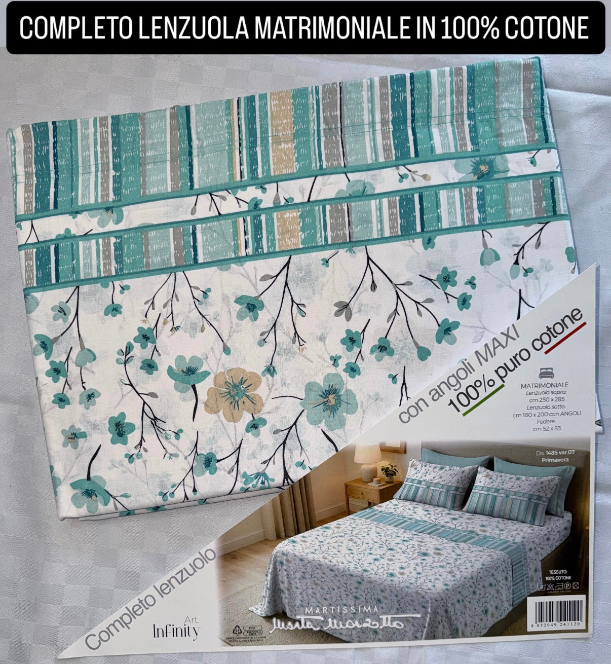 COMPLETO LENZUOLA MATRIMONIALE IN 100% COTONE , contiene Lenzuolo sopra, Lenzuolo sotto con angoli e due Federe
