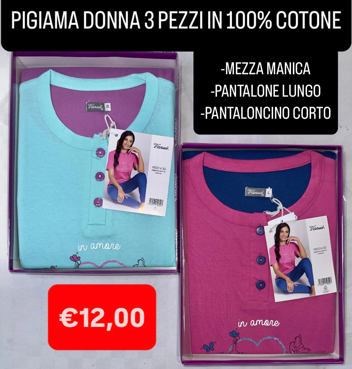 PIGIAMA DONNA 3 PEZZI IN 100% COTONE Maglia mezza manica, Pantalone lungo e Pantaloncino corto