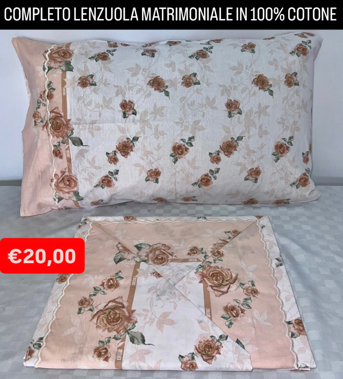 COMPLETO LENZUOLA MATRIMONIALE IN 100% COTONE Lenzuolo sopra, Lenzuolo sotto con angoli e due Federe