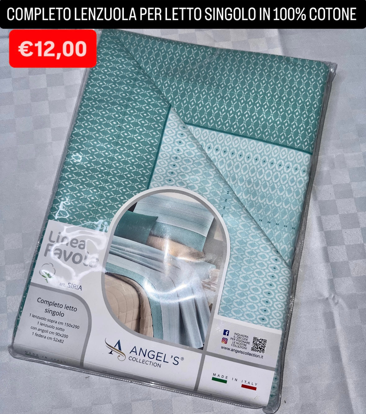 COMPLETO LENZUOLA SINGOLO IN 100% COTONE Lenzuolo sopra,Lenzuolo sotto con angoli e Federa