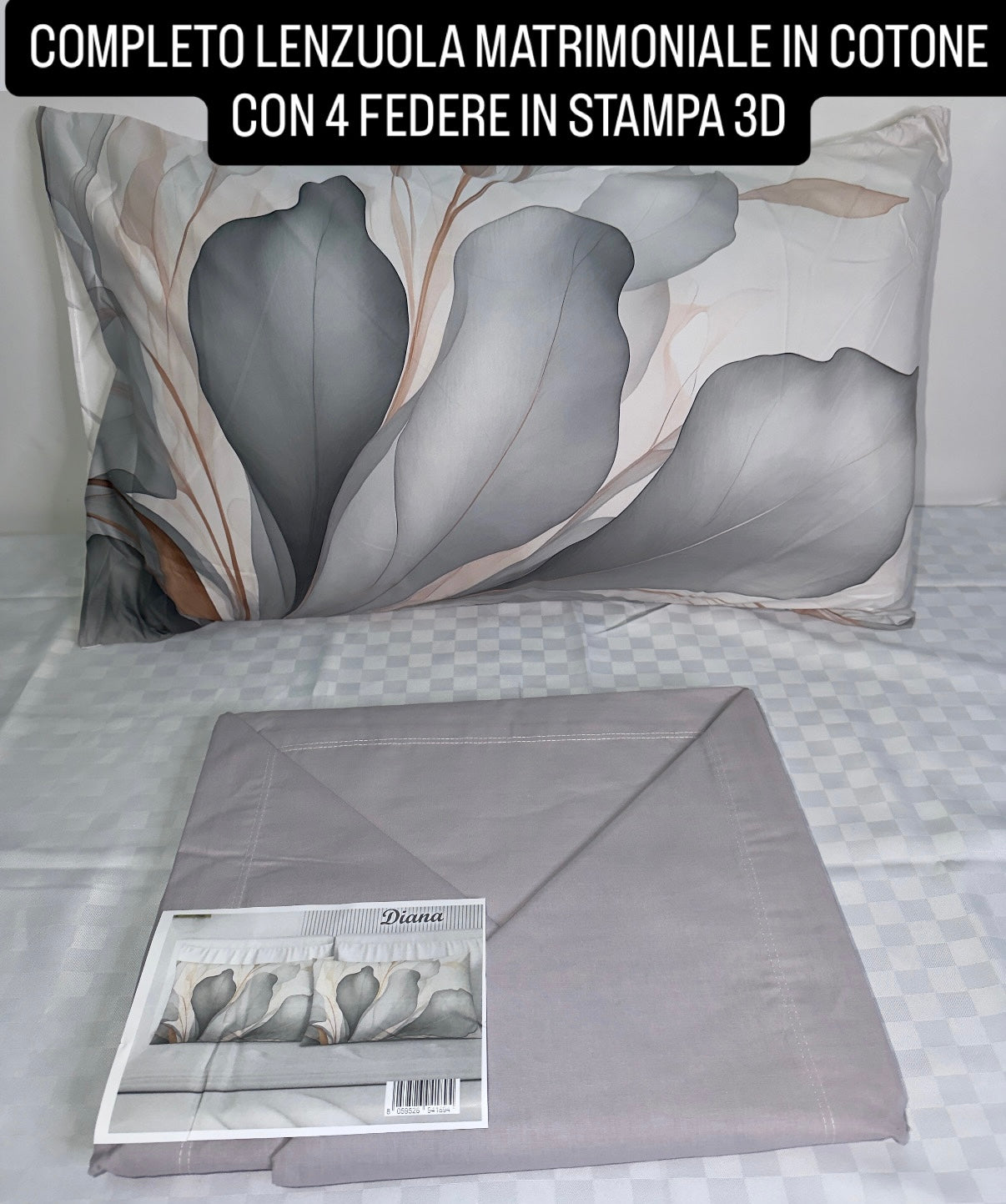 COMPLETO LENZUOLA MATRIMONIALE IN COTONE, LENZUOLO SOPRA, LENZUOLO SOTTO E 4 FEDERE IN STAMPA 3D