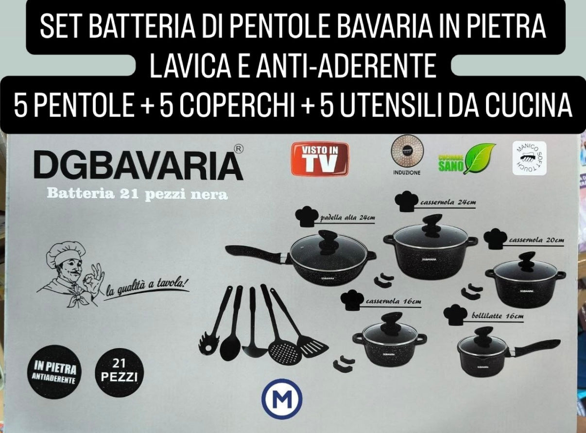 SET BATTERIA DI PENTOLE IN PIETRA LAVICA E ANTI-ADERENTE contiene 5 Pentole , 5 Coperchi e 5 Utensili da cucina