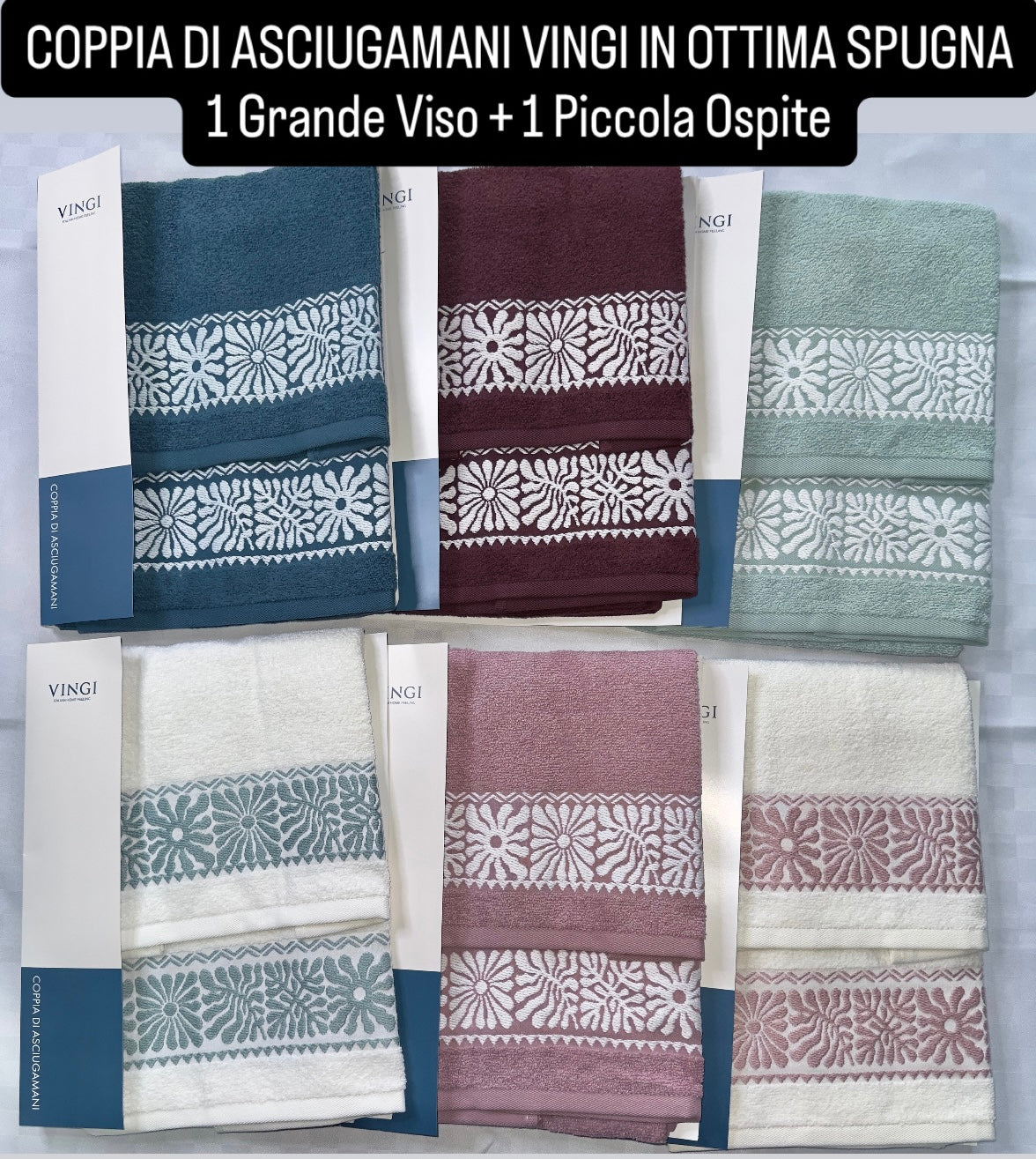 COPPIA DI ASCIUGAMANI VINGI IN OTTIMA SPUGNA 1 Grande Viso + 1 Piccola Ospite