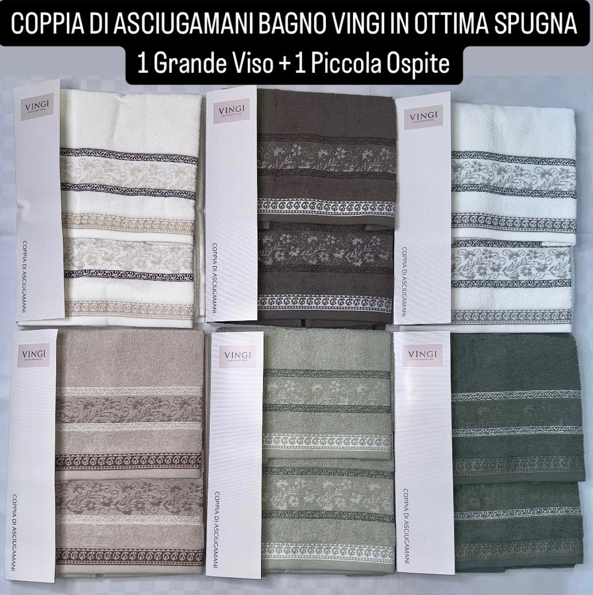 COPPIA DI ASCIUGAMANI VINGI IN OTTIMA SPUGNA 1 Grande Viso + 1 Piccola Ospite art.Livia