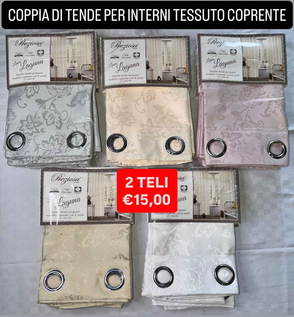 COPPIA DI TENDE PER INTERNI TESSUTO COPRENTE CONFEZIONE DA 2 TELI (OGNI TELO MISURA 140x290cm)art. Laguna