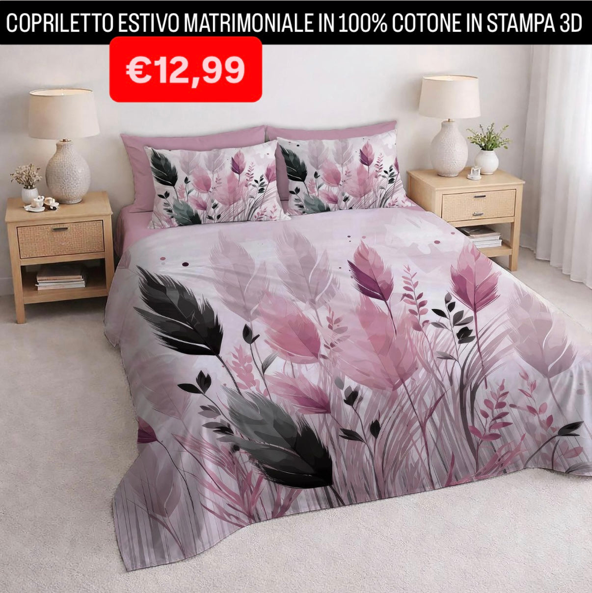 COPRILETTO ESTIVO MATRIMONIALE IN 100% COTONE CON STAMPA 3D misura 260x260cm