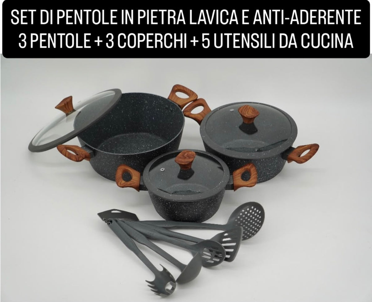 SET DI PENTOLE IN PIETRA LAVICA E ANTI-ADERENTE contiene 3 PENTOLE ,3 COPERCHI e 5 MESTOLI DA CUCINA
