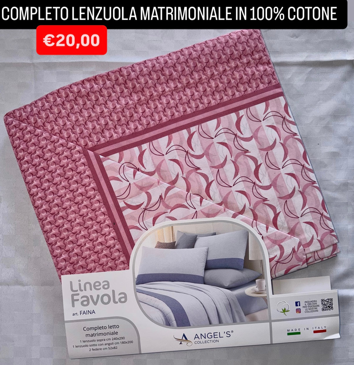 COMPLETO LENZUOLA MATRIMONIALE IN 100% COTONE , contiene Lenzuolo sopra, Lenzuolo sotto con angoli e due Federe