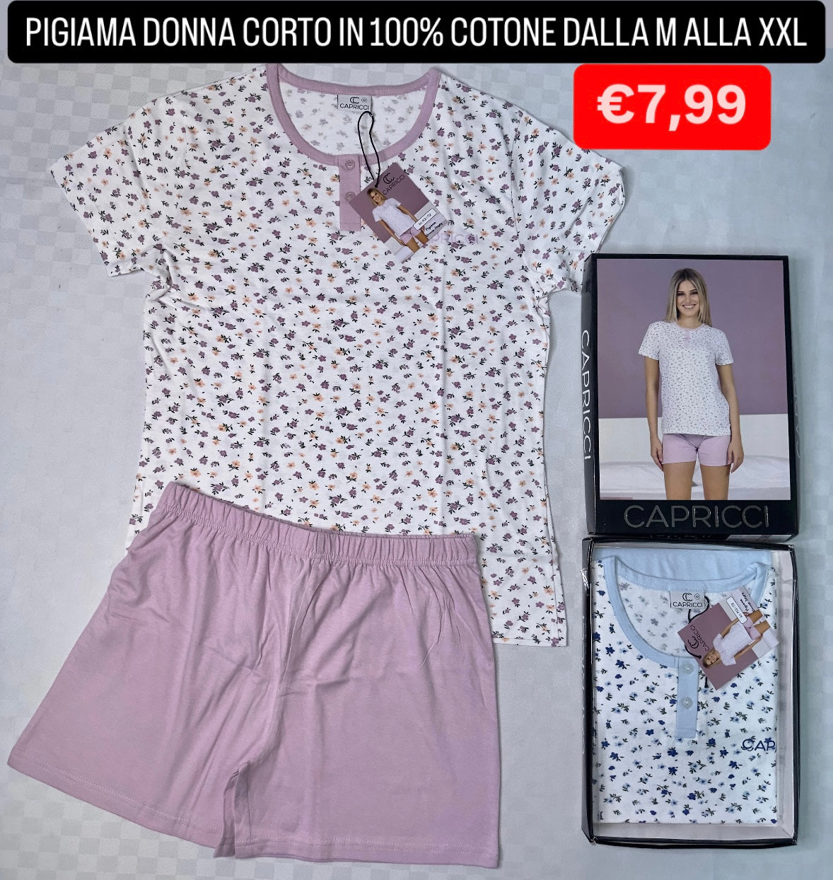 PIGIAMA DONNA IN COTONE 100% MEZZA MANICA E PANTALONCINO