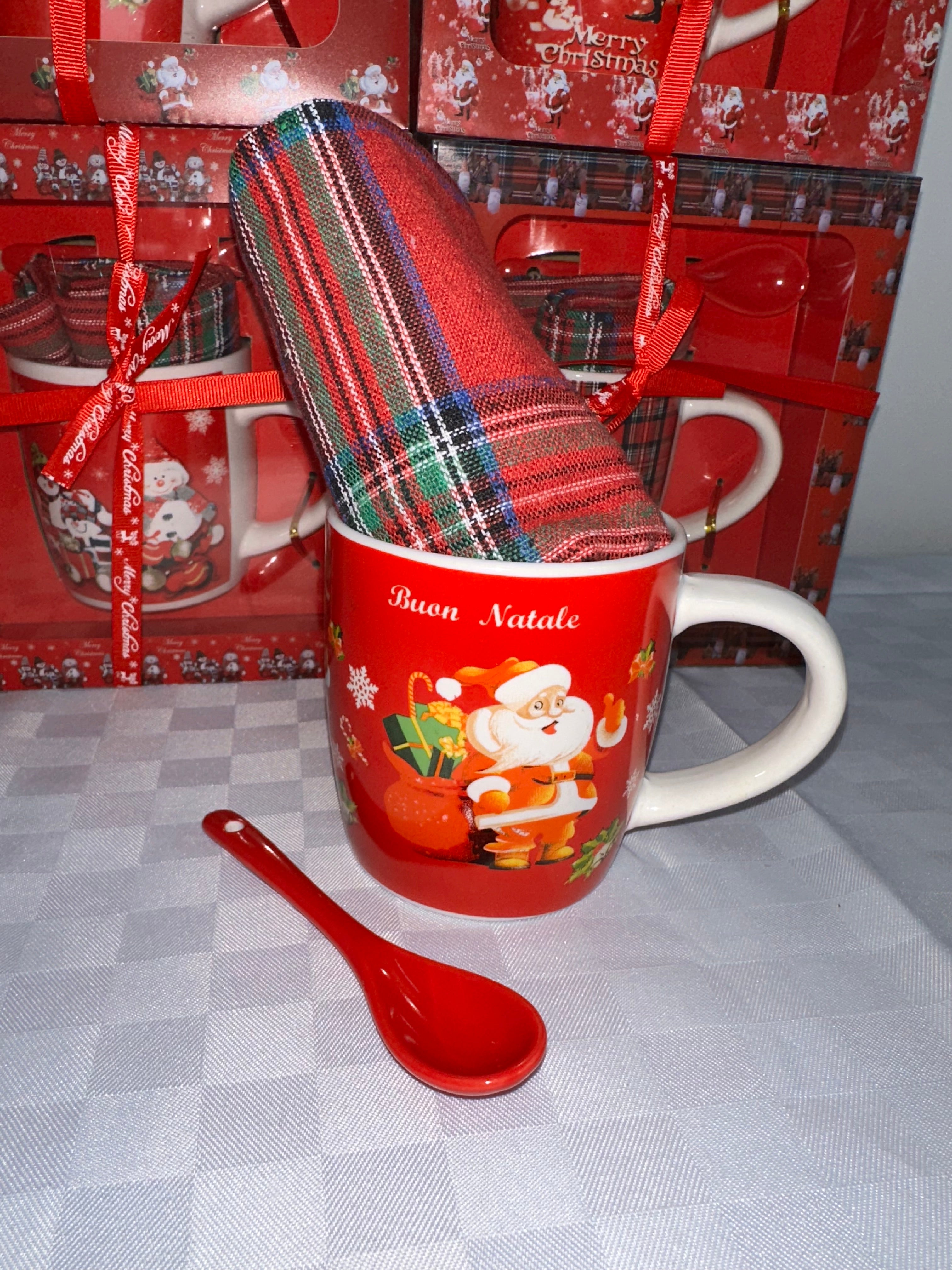 SET 3 PEZZI NATALIZIO contiene TAZZA , CUCCHIAINO E STROFINACCIO CUCINA IN COTONE (Fantasia Casuale)