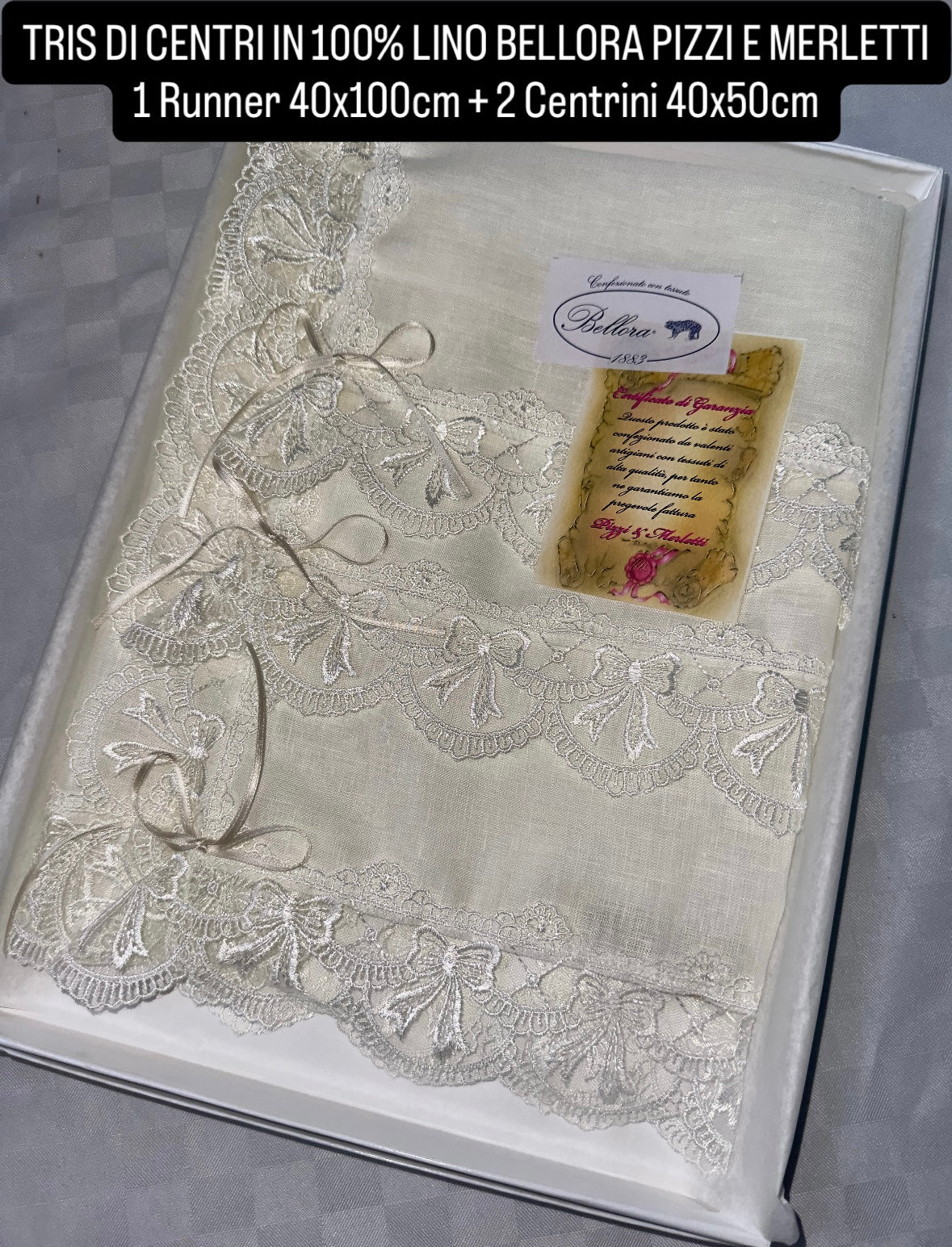 TRIS DI CENTRI IN 100% LINO BELLORA PIZZI E MERLETTI 1 Runner 40x100cm + 2 Centrini 40x50cm