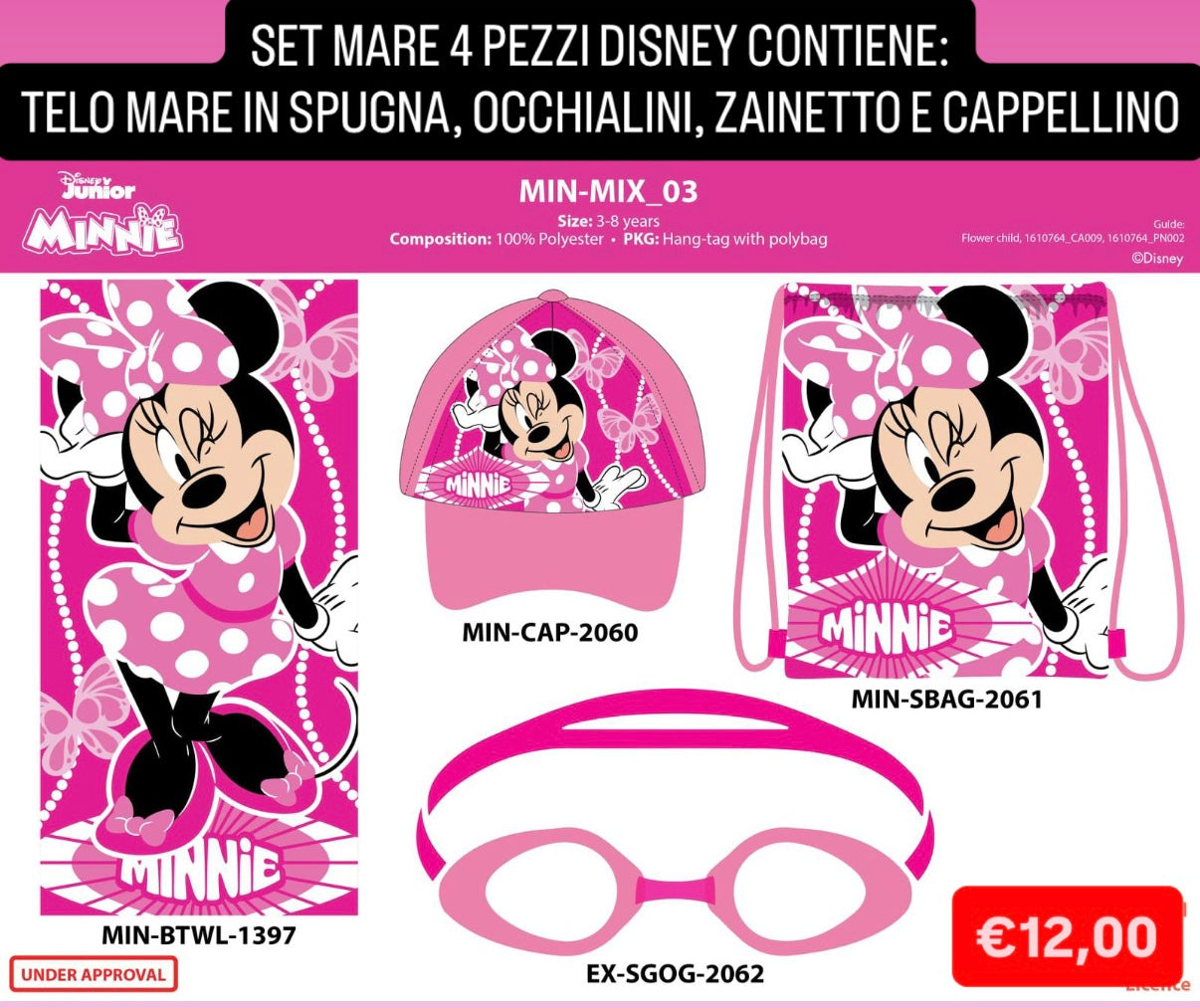 SET MARE BIMBO/A 4 PEZZI contiene Telo mare in spugna, Occhialini, Zainetto e Capellino