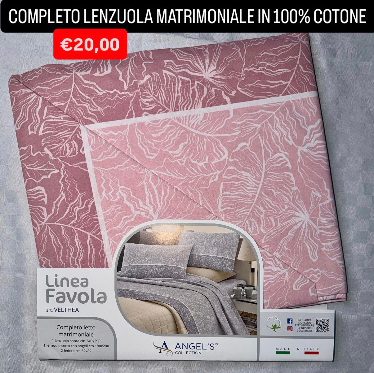 COMPLETO LENZUOLA MATRIMONIALE IN 100% COTONE , contiene Lenzuolo sopra, Lenzuolo sotto con angoli e due Federe