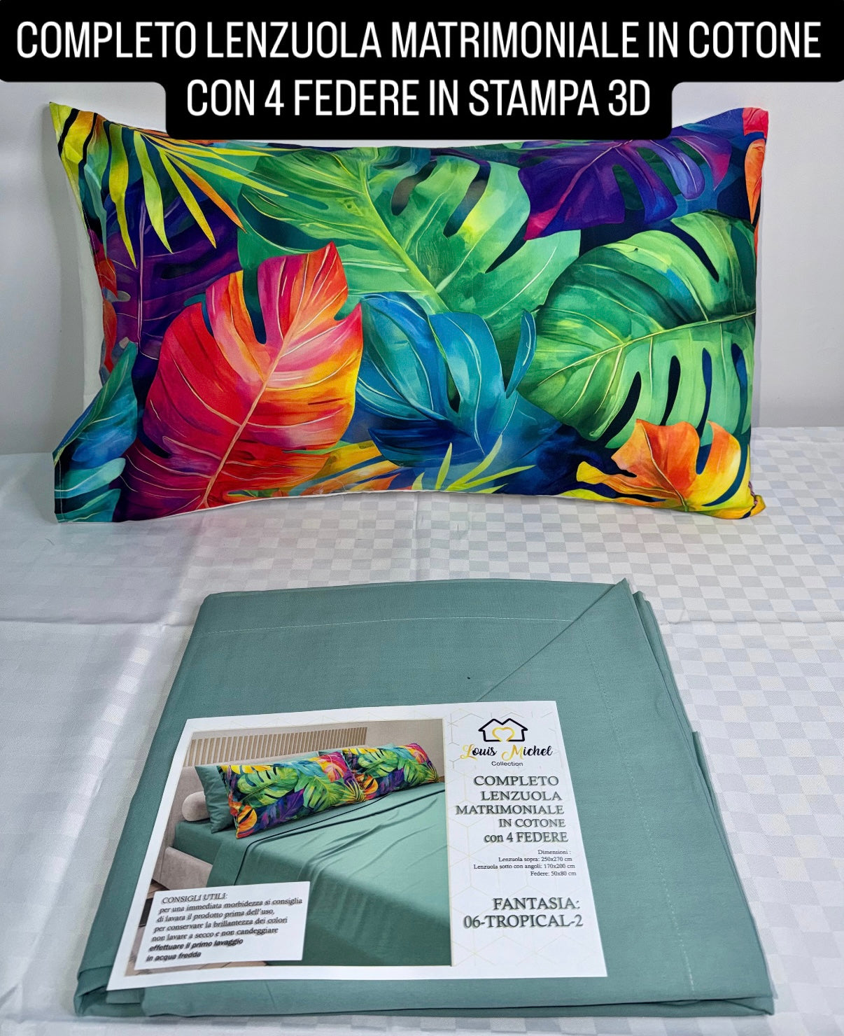 COMPLETO LENZUOLA MATRIMONIALE IN COTONE contiene LENZUOLO SOPRA, LENZUOLO SOTTO E 4 FEDERE IN STAMPA 3D