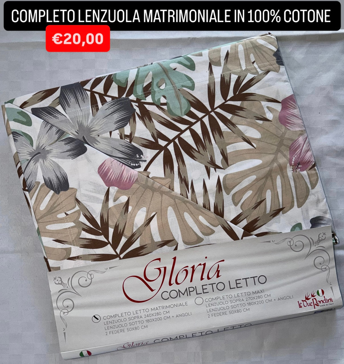 COMPLETO LENZUOLA MATRIMONIALE IN 100% COTONE , contiene Lenzuolo sopra, Lenzuolo sotto con angoli e due Federe
