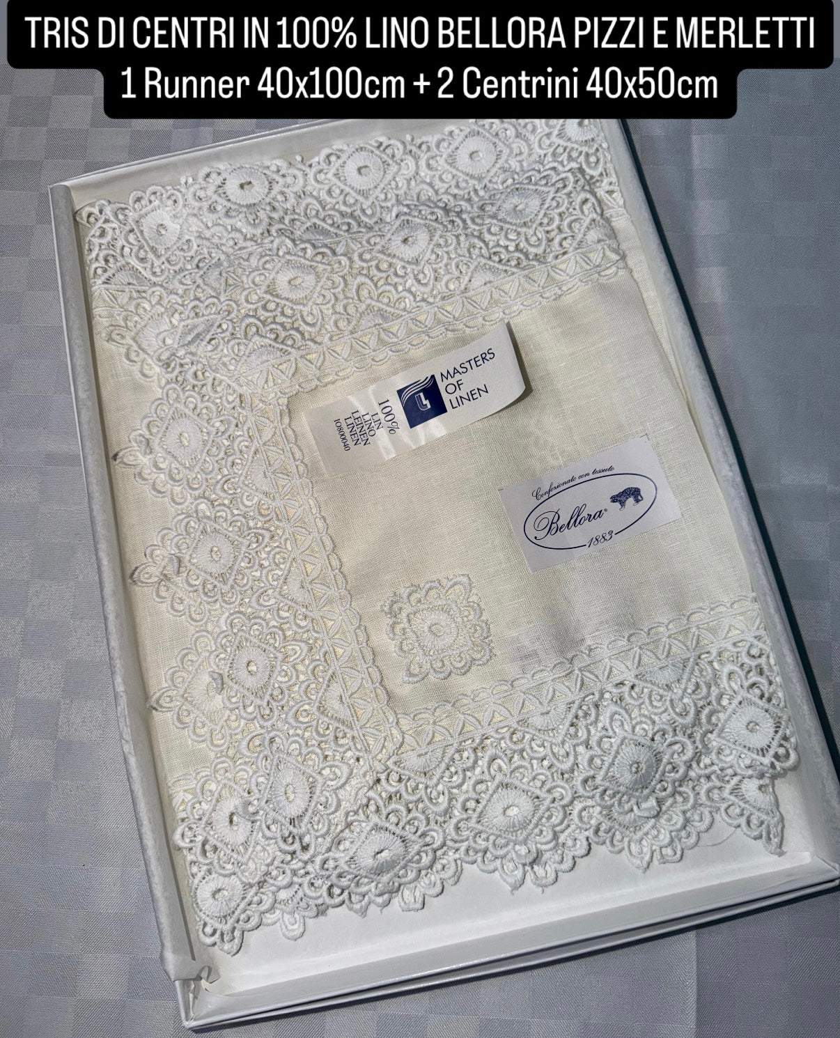 TRIS DI CENTRI IN 100% LINO BELLORA PIZZI E MERLETTI 1 Runner 40x100cm + 2 Centrini 40x50cm