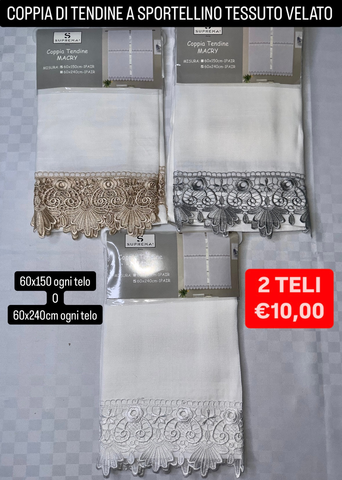 COPPIA DI TENDINE A SPORTELLINO TESSUTO VELATO CONFEZIONE DA 2 TELI 60x150 ogni telo oppure 60x240cm ogni telo