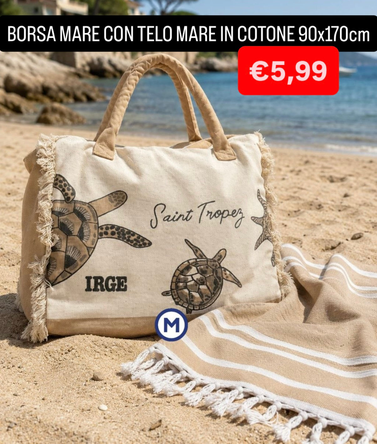 BORSA MARE CON TELO MARE IN COTONE misura 90x170cm