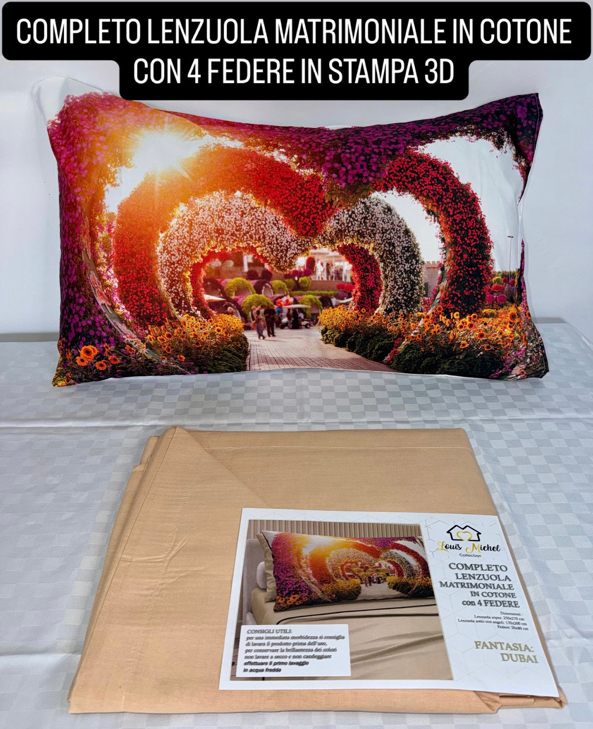 COMPLETO LENZUOLA MATRIMONIALE IN COTONE contiene LENZUOLO SOPRA, LENZUOLO SOTTO E 4 FEDERE IN STAMPA 3D