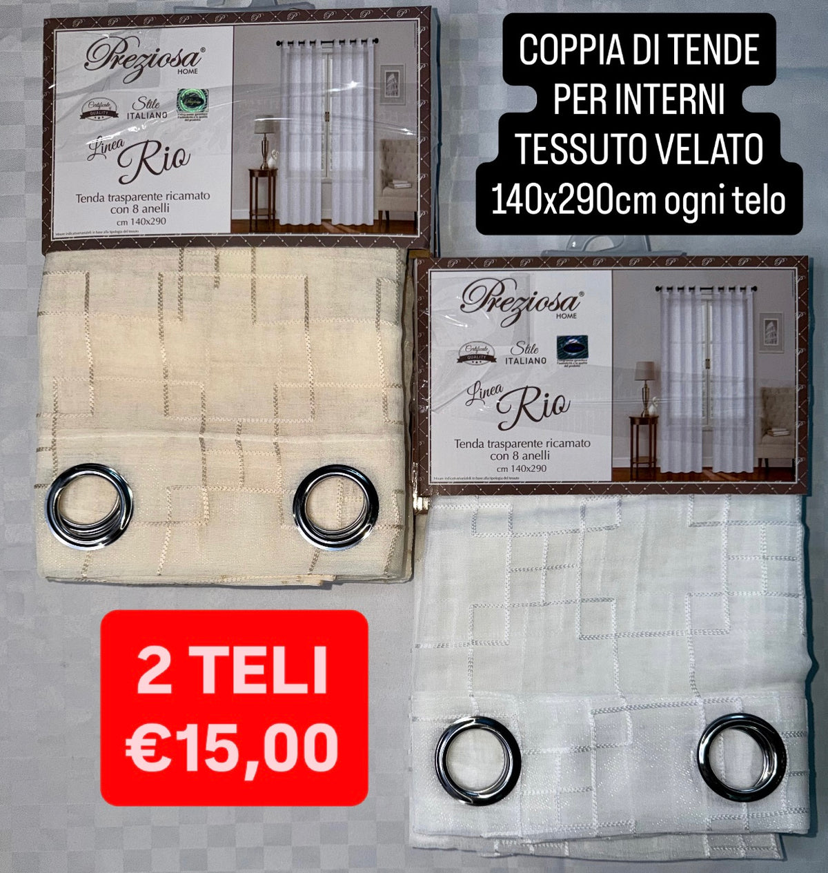 COPPIA DI TENDE PER INTERNI VELATE CONFEZIONE DA 2 TELI (OGNI TELO MISURA 140x290cm) art. Rio