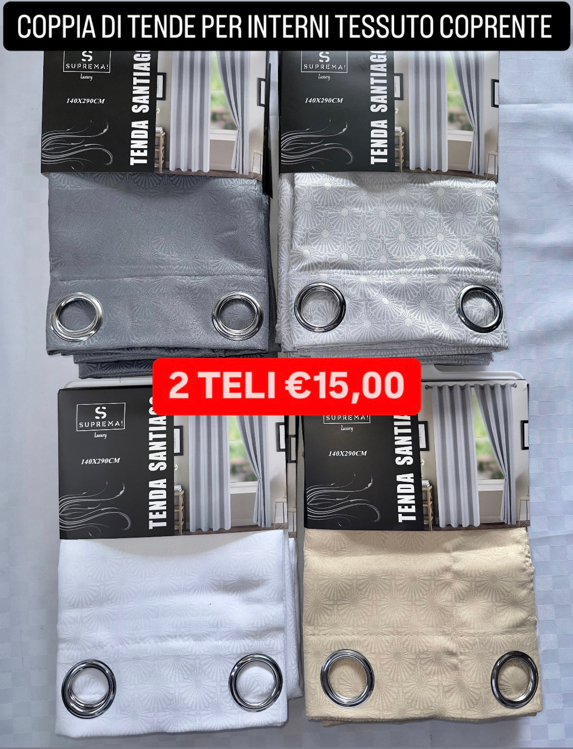 COPPIA DI TENDE PER INTERNI TESSUTO COPRENTE CONFEZIONE DA 2 TELI (OGNI TELO MISURA 140x290cm)art.Santiago