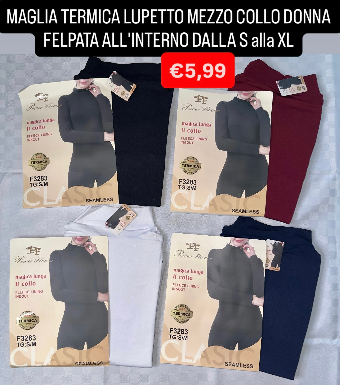 MAGLIA TERMICA DONNA LUPETTO MEZZO COLLO MANICA LUNGA FELPATA ALL'INTERNO