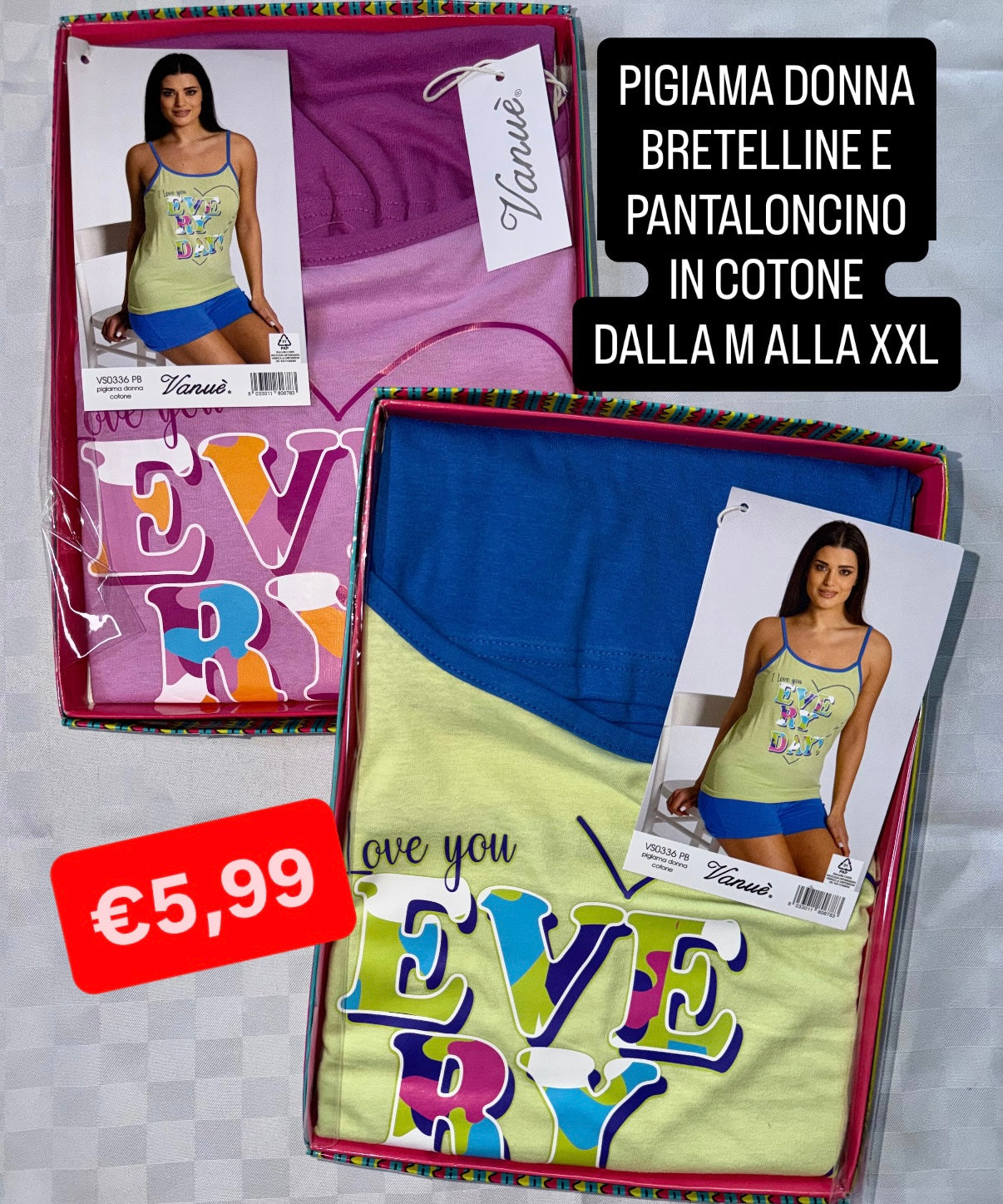 PIGIAMA DONNA Bretelline e Pantaloncino in 100% cotone