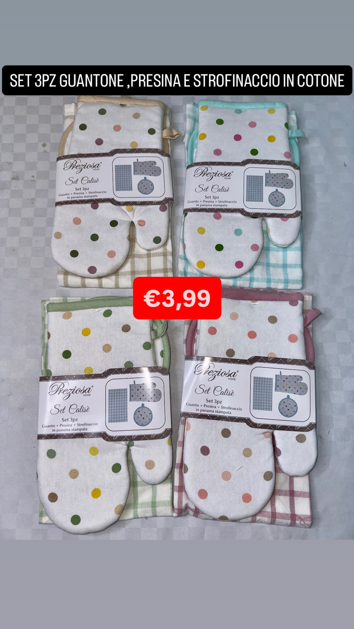 SET CUCINA GUANTONE,PRESINA E STROFINACCIO IN COTONE PREZIOSA