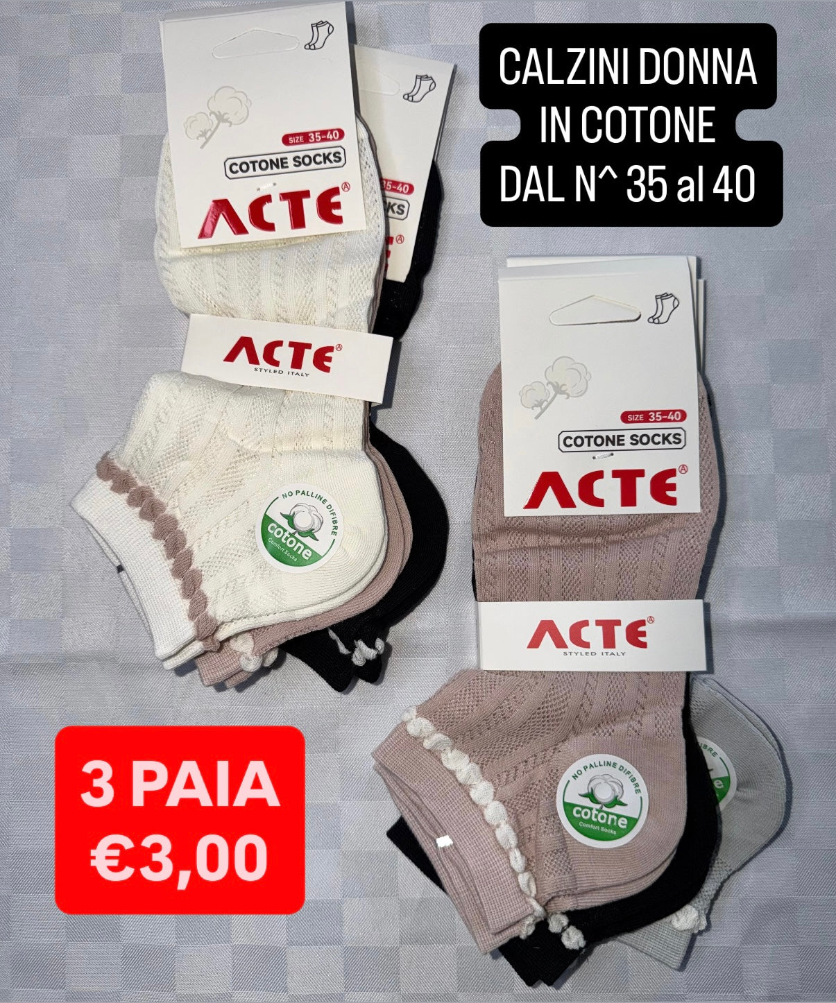 CALZINO DONNA IN COTONE CORTO Dal Numero 35 al 40,CONFEZIONE DA 3 PAIA (COLORE CASUALE)