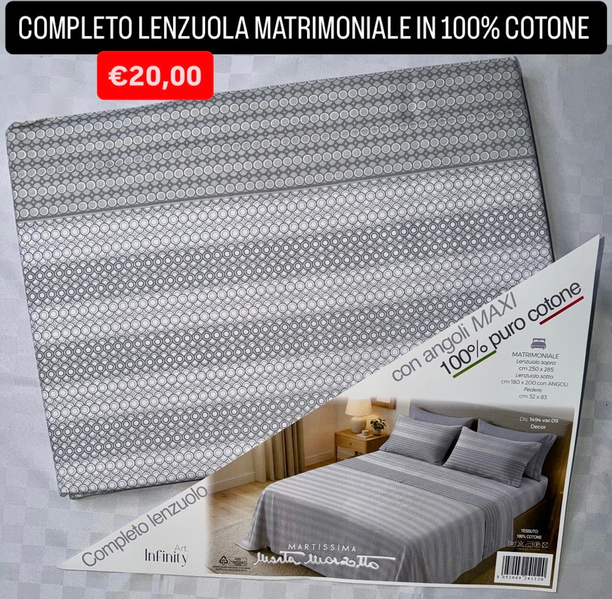 COMPLETO LENZUOLA MATRIMONIALE IN 100% COTONE , contiene Lenzuolo sopra, Lenzuolo sotto con angoli e due Federe