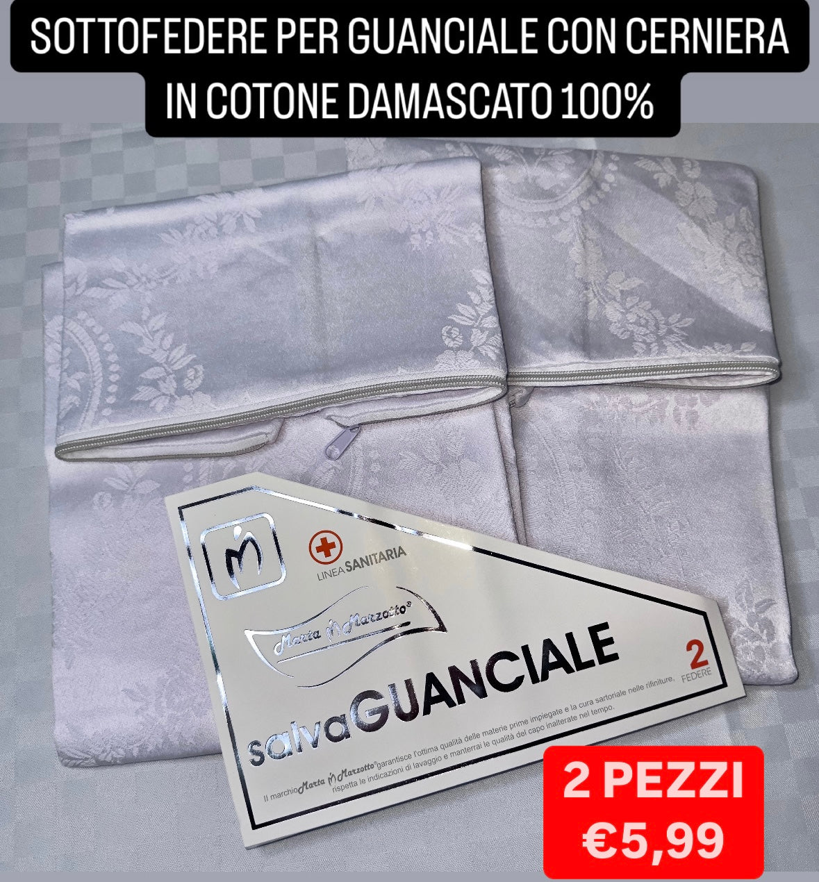 SOTTOFEDERE PER GUANCIALE CON CERNIERA IN COTONE DAMASCATO 100% misura 52x82cm