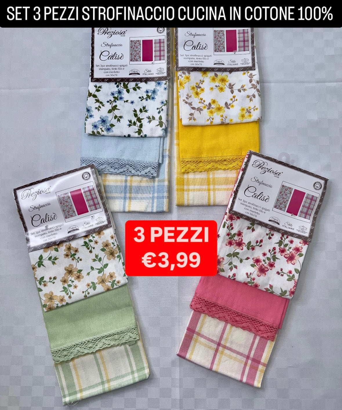 STROFINACCIO CUCINA SET DA 3 PEZZI IN COTONE 100%