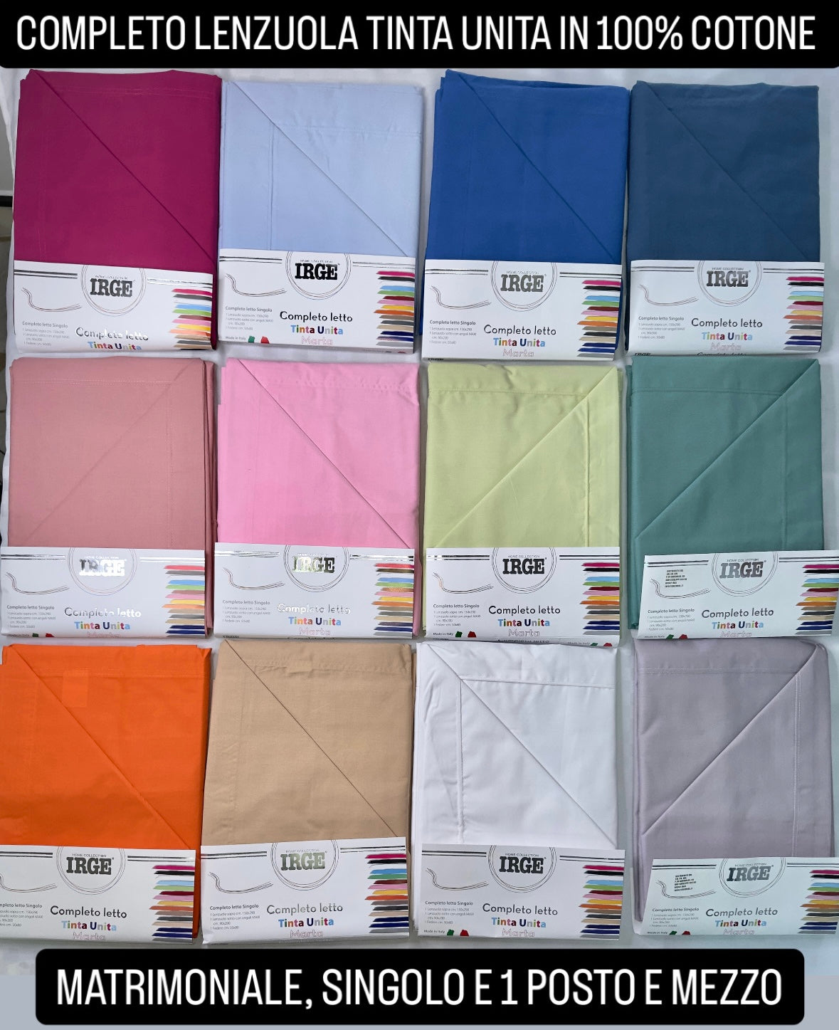 COMPLETO LENZUOLA IN 100% COTONE TINTA UNITA Matrimoniale, Singolo e 1 Posto e mezzo contiene: Lenzuolo sopra, Lenzuolo sotto con angoli e Federe