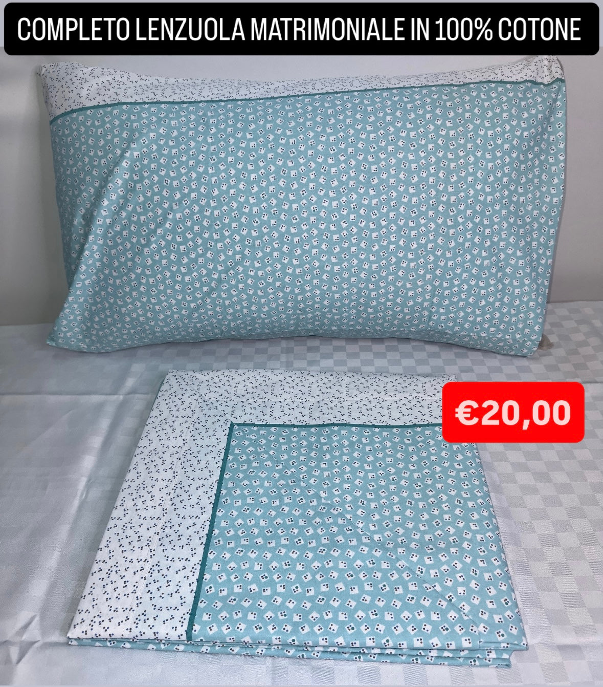 COMPLETO LENZUOLA MATRIMONIALE IN 100% COTONE Lenzuolo sopra, Lenzuolo sotto con angoli e due Federe