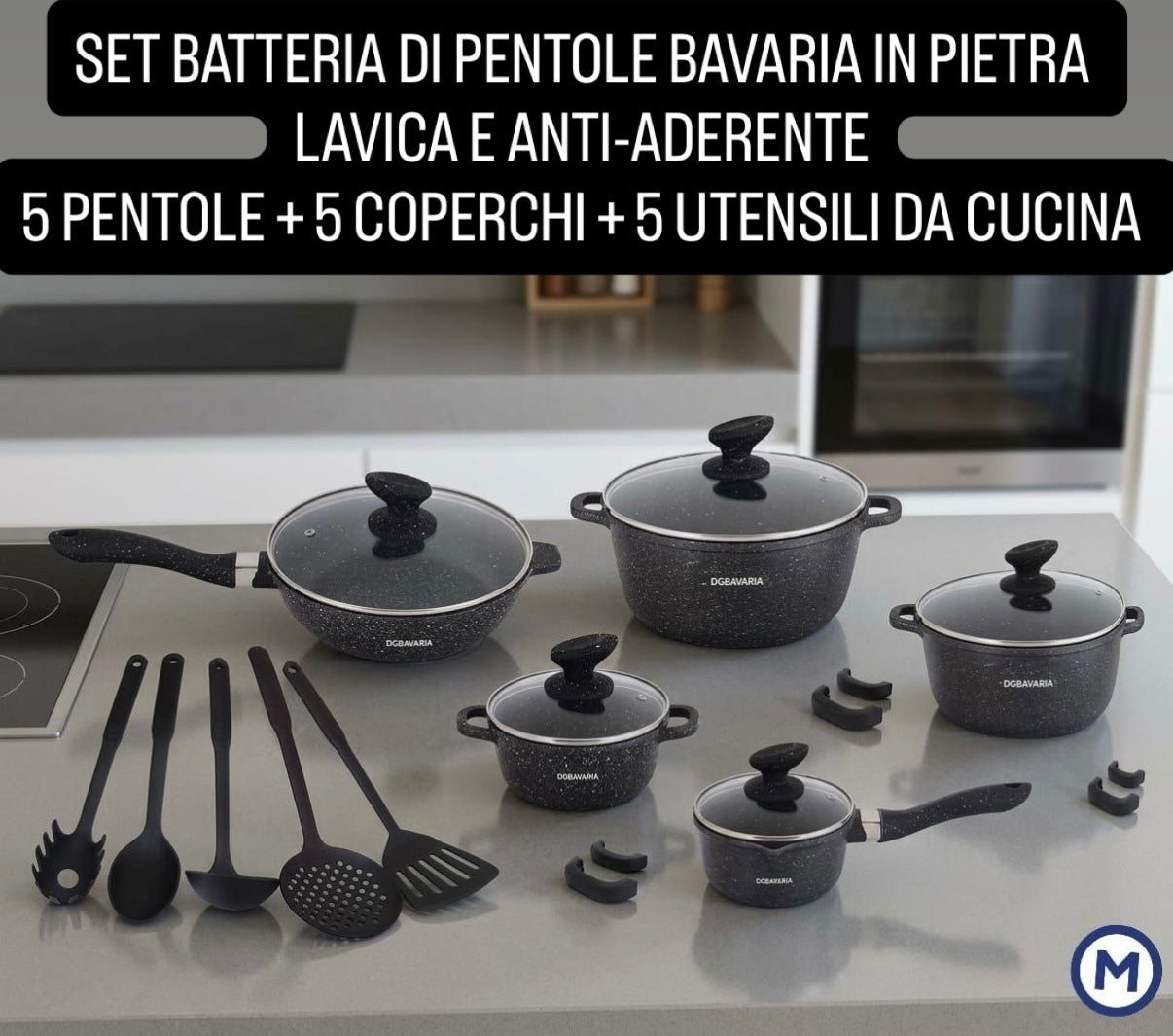 SET BATTERIA DI PENTOLE IN PIETRA LAVICA E ANTI-ADERENTE contiene 5 Pentole , 5 Coperchi e 5 Utensili da cucina