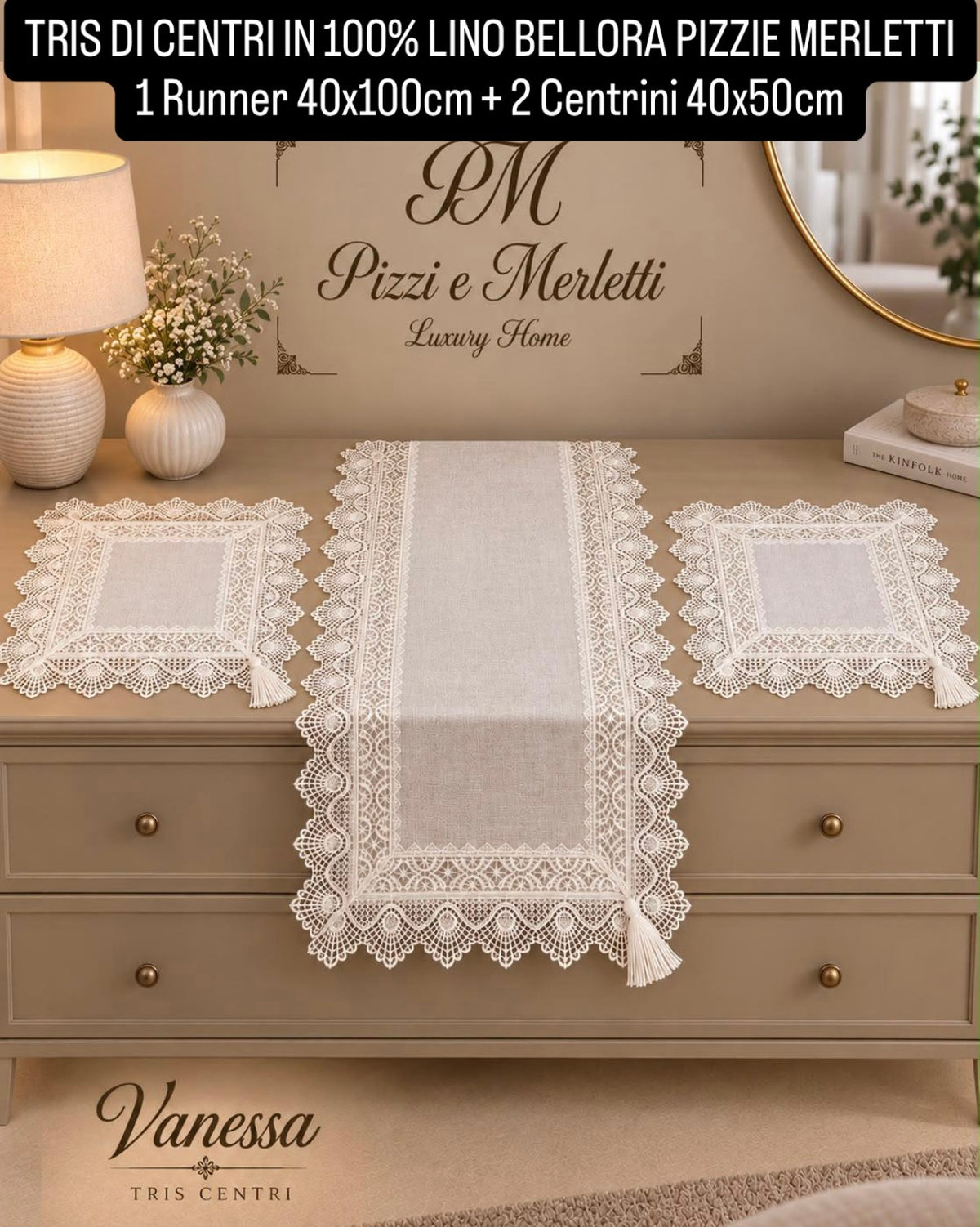 TRIS DI CENTRI IN 100% LINO BELLORA PIZZI E MERLETTI contiene 1 Runner 40x100cm + 2 Centrini 40x50cm