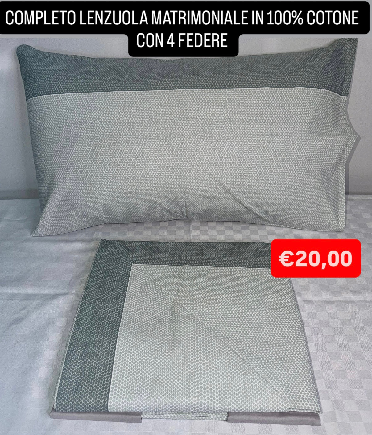COMPLETO LENZUOLA MATRIMONIALE IN 100% COTONE CON 4 FEDERE , contiene Lenzuolo sopra, Lenzuolo sotto con angoli e 4 Federe