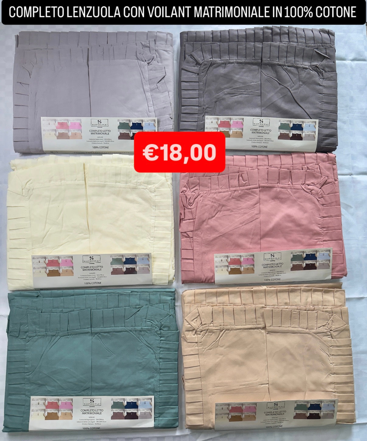 COMPLETO LENZUOLA MATRIMONIALE CON VOILANT IN 100% COTONE contiene Lenzuolo sopra, Lenzuolo sotto con angoli e Due Federe