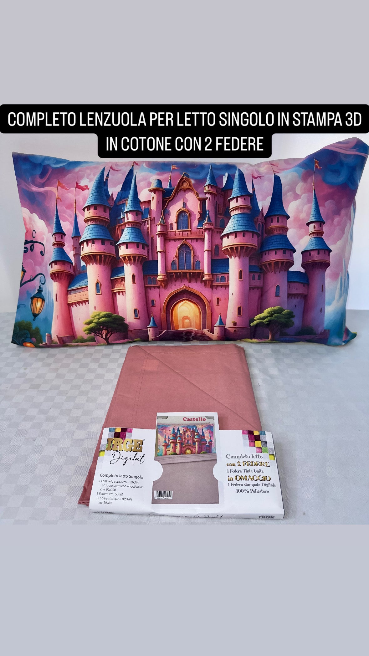 COMPLETO LENZUOLA IN 100% COTONE PER LETTO SINGOLO CON 2 FEDERE IN STAMPA 3D