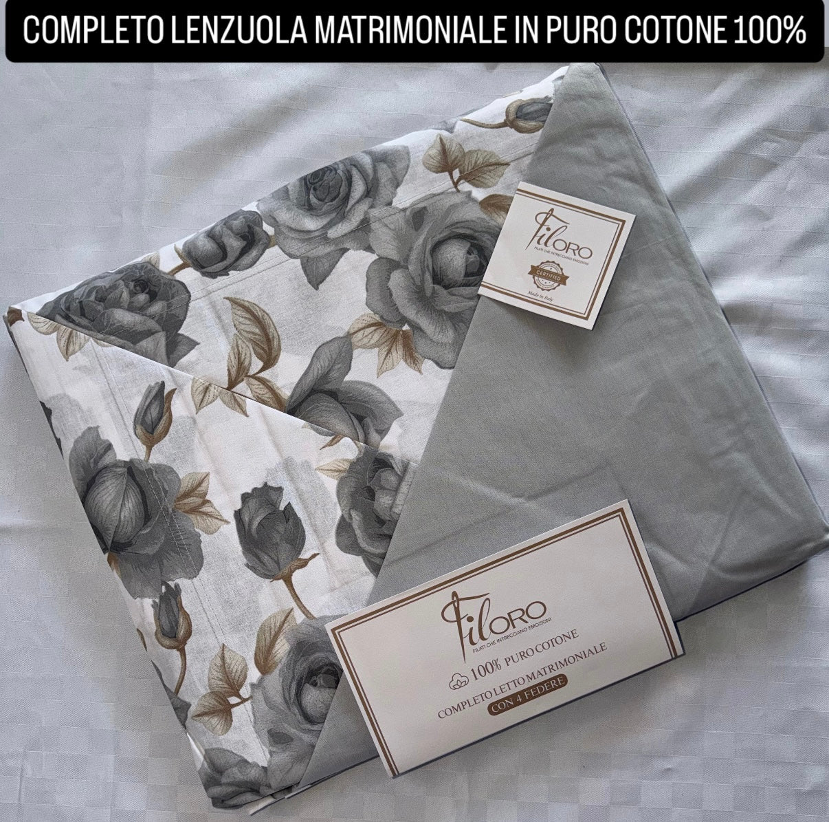 COMPLETO LENZUOLA MATRIMONIALE IN 100% PURO COTONE CON 4 FEDERE , contiene Lenzuolo sopra, Lenzuolo sotto con angoli e quattro Federe