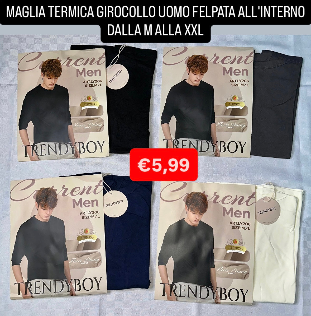 MAGLIA TERMICA UOMO GIROCOLLO MANICA LUNGA FELPATA ALL'INTERNO
